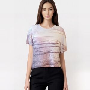 Morning Warrior Mauve and White Ocean Scene Crop Top